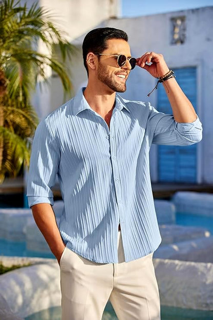 CB-COLEBROOK Mens Casual Button Down Shirts Long Sleeve Linen Shirt Fashion Textured Beach Summer Shirts| Men Stylish Shirt | M