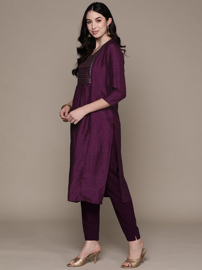 anubhutee Women's Silk Embellished Black A-Line Kurta
