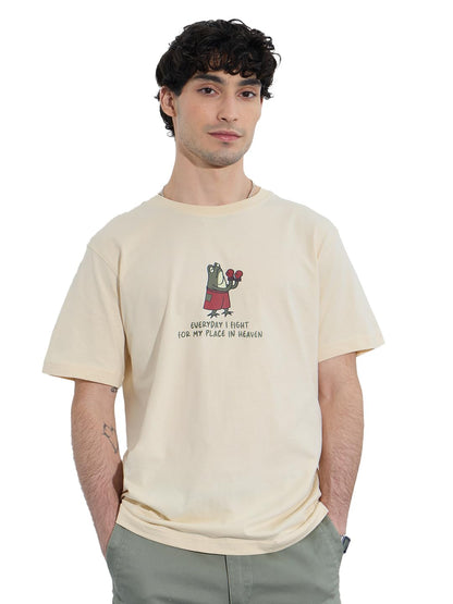 The Souled Store Graphic T-Shirt: Place in Heaven Men and Boys Short Sleeves Round Neck Light Beige Graphic Printed Cotton Relax