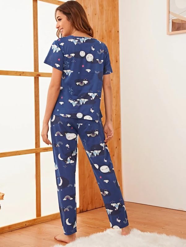 SMOWKLY Womens Cartoon Print Pyjama Set  Round Neck Short Sleeve Top & Pajama | Soft Cotton Blend Night Suit, Nightwear & Lounge