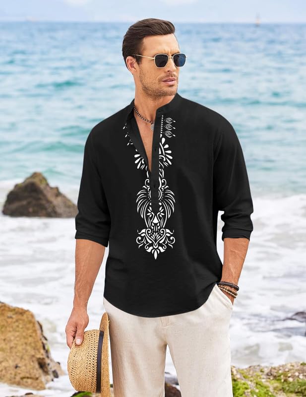 Finivo Fashion MenS Cotton Blend Short Kurta With Bold Printed Front Design | Full Sleeve Ethnic Casual Kurta With Mandarin Coll