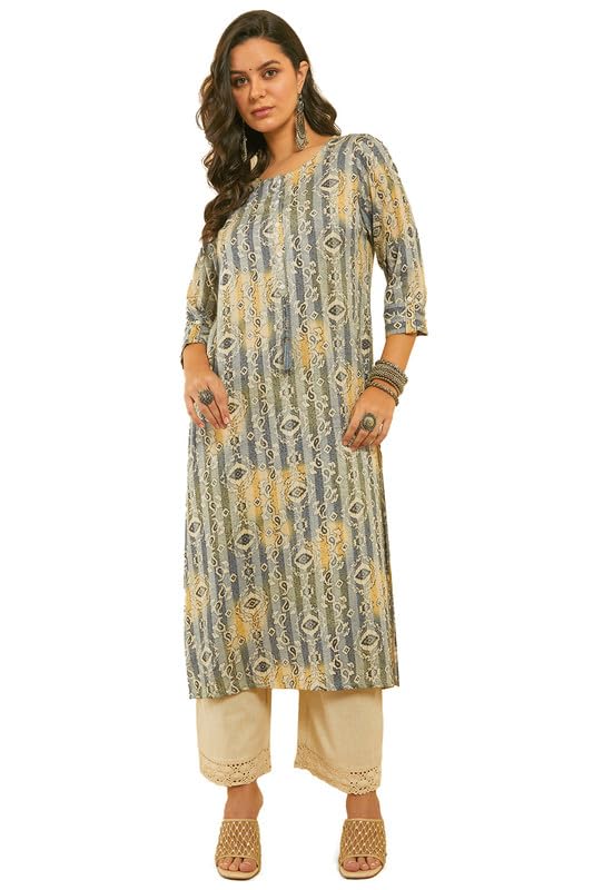 Soch Womens Blue Ethnic Print Kantha Weave Straight Rayon Kurta