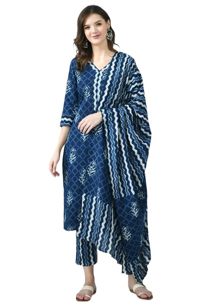 KLOSIA Women Indigo Printed Kurta and Pant Set With Dupatta