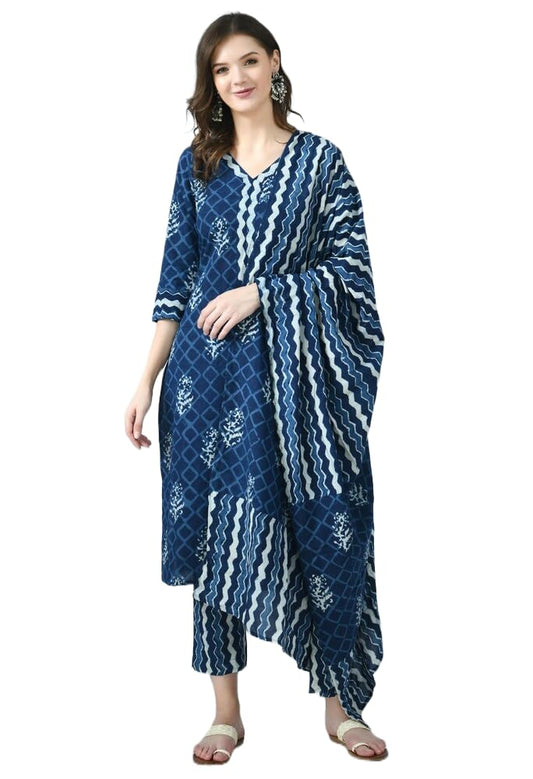 KLOSIA Women Indigo Printed Kurta and Pant Set With Dupatta