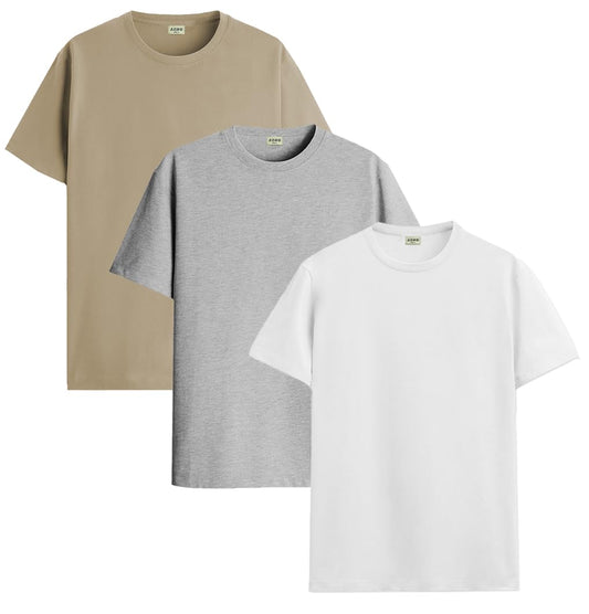 ADRO Mens Solid Regular Fit T-Shirt (RCM3-PLN-BE-WH-GR_Beige,White,Grey