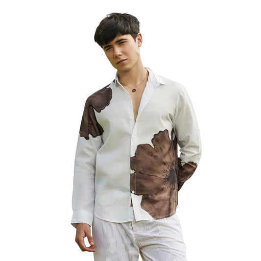 Campus Sutra Mens Ash Brown Primrose Flora Shirt for Casual Wear | Spread Collar | Long Cuffed Sleeves | Button Closure | Shirt