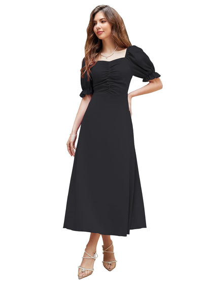 Shasmi GirlS & WomenS Solid Black A-Line Ruched Puff Sleeve Maxi Long Evening One Piece Long Dress For Women Stylish (Dress 13