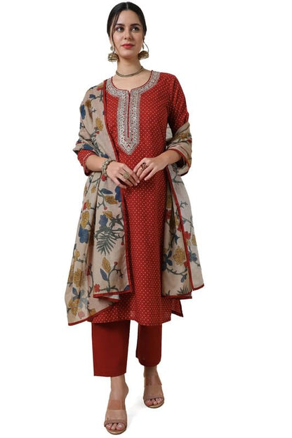 Soch Womens Rust Bandhani Print Cotton Suit Set With Sequins