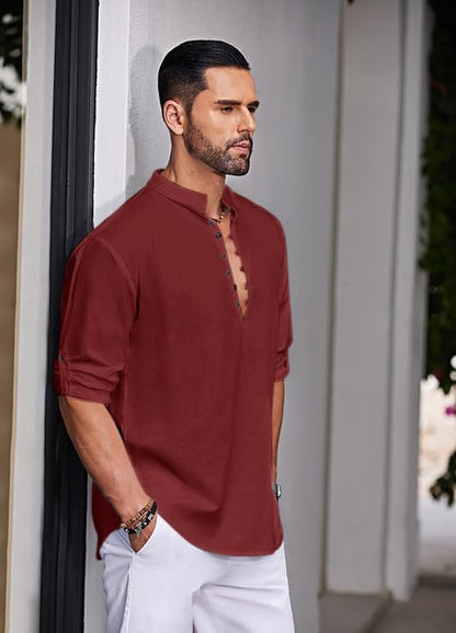 Finivo Fashion MenS Solid Cotton Blend Straight Kurta Shirt, Regular Fit Full Sleeve Short Kurta Shirt Maroon