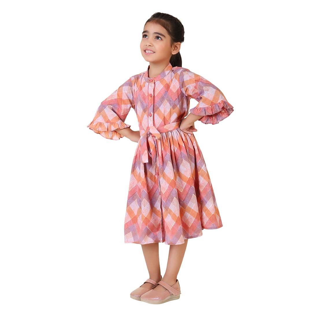 Fabindia GirlS Pink Cotton Printed Midi Dress Calf Length 1036767Pink