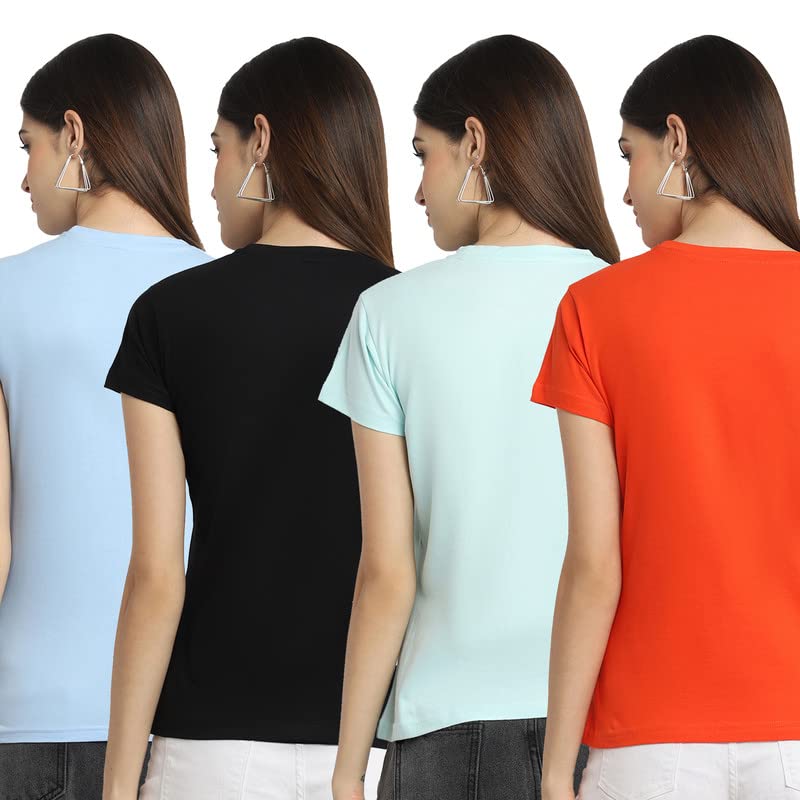 Preneum Womens Cotton Regular Fit Latest Graphic Stylish Printed Short Sleeves Casual T-Shirt || Trendy (Pack 4), Blue & Black