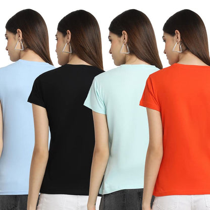 Preneum Womens Cotton Regular Fit Latest Graphic Stylish Printed Short Sleeves Casual T-Shirt || Trendy (Pack 4), Blue & Black