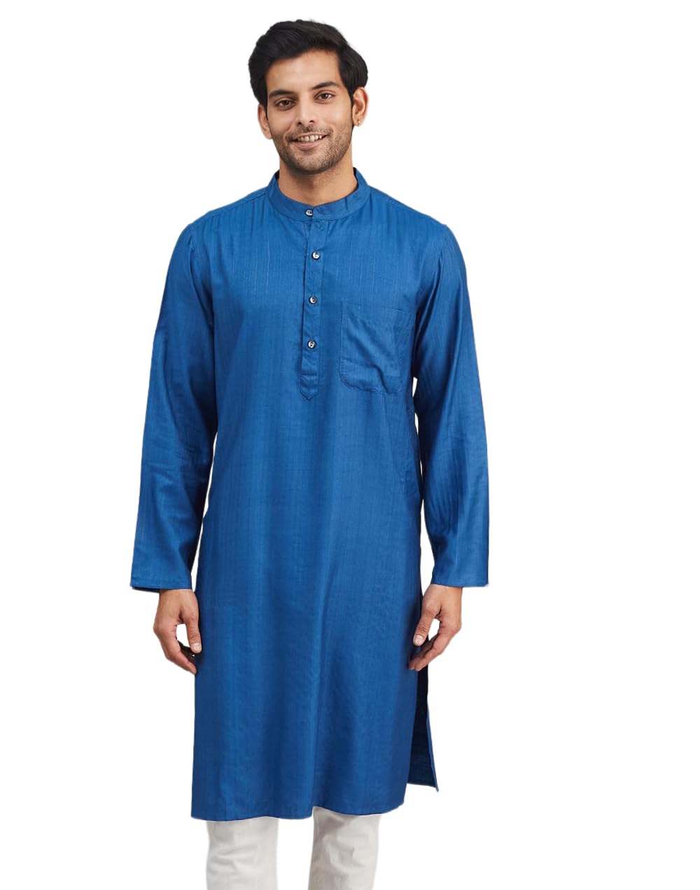 Fabindia Men's Blue Viscose Blend Dobby Comfort Fit Long Kurta
