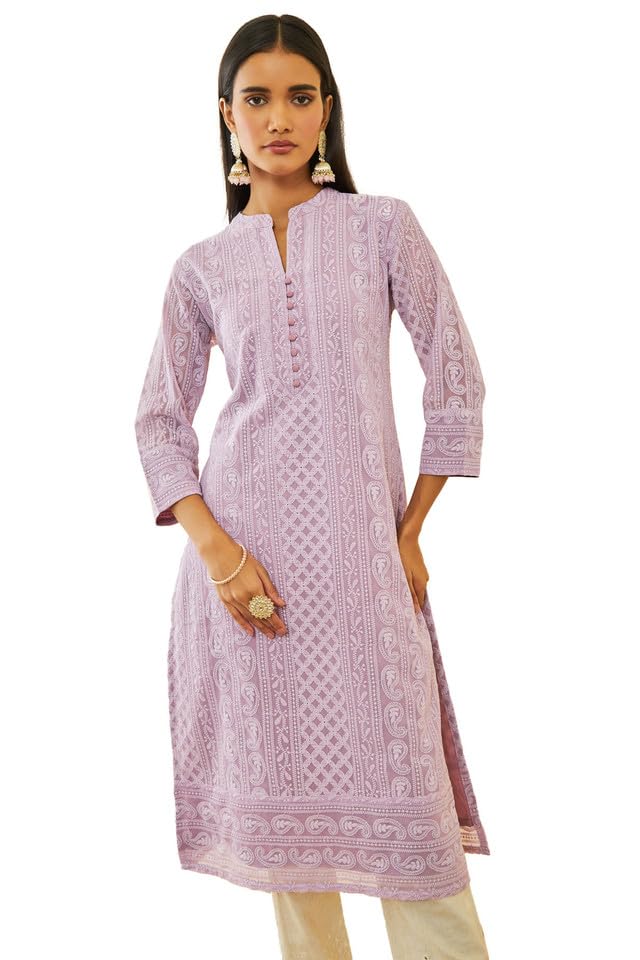 Soch Womens Purple Georgette Paisley Thread Embroidered Straight Kurta