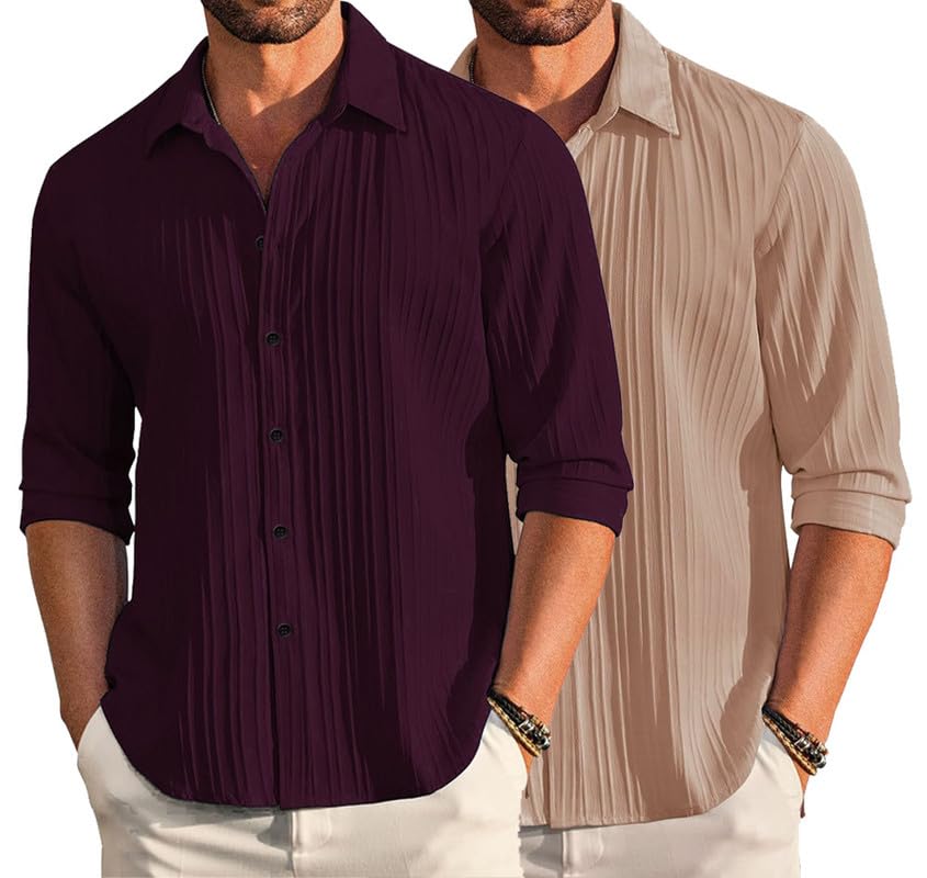 Deelmo Combo Of MenS Casual Button Down Shirts Long Sleeve Linen Shirt Fashion Textured Summer Shirts Pack Of 2