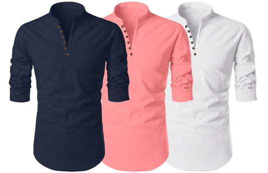 Finivo Fashion MenS Cotton Blend Regular Fit Solid Casual Kurta Shirt Pack Of 3
