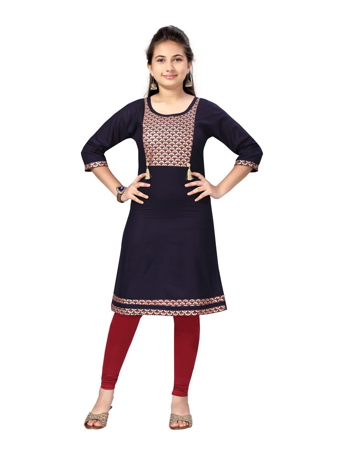 Aarika GirlS Cotton Kurti Legging Set (Kl-E-22_Navy Blue-Maroon_34)