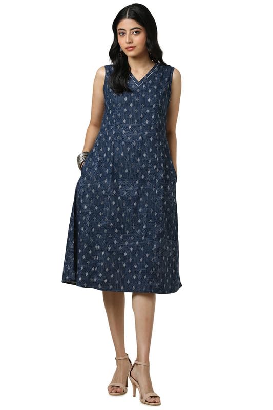 Soch Womens Indigo Cotton Slub Geometric Print Dress