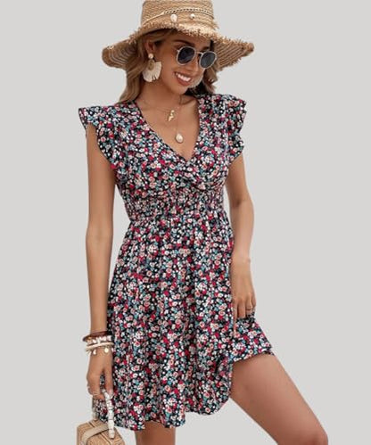 GRECIILOOKS Western Dress for Women| Floral Print Wrap V Neck Dress| Ruffle Sleeve Western Dress| Mini Summer Short Dress| Dress
