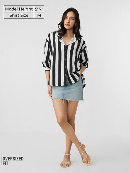 The Souled Store Stripe Shirt: Black, White Women and Girls Long Sleeves Collared Neck Button Front Viscose Blend Boyfriend Shir
