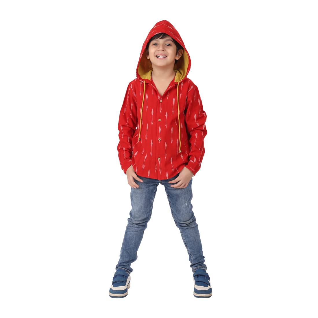Fabindia Crew Neck Boy Red Cotton Ikat Woven Shirt (102707701