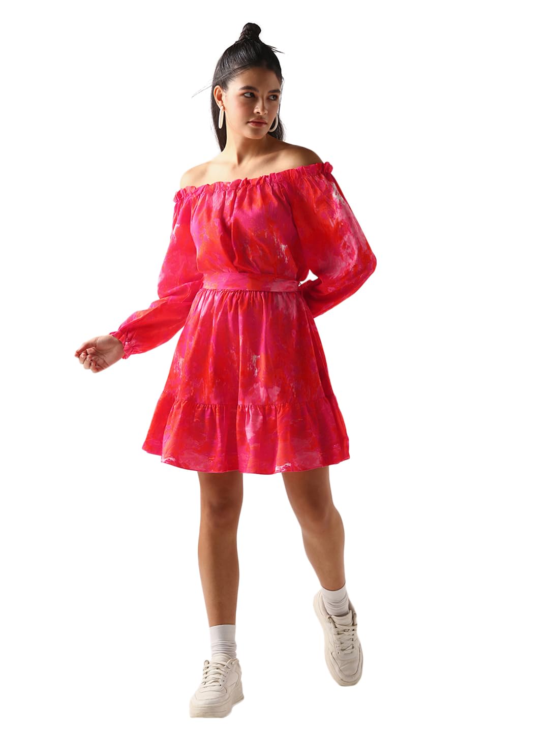 Bewakoof WomenS All Over Printed Regular Fit Full Sleeve Off Shoulder Pure Satin Dress_645120_Orange_Xl