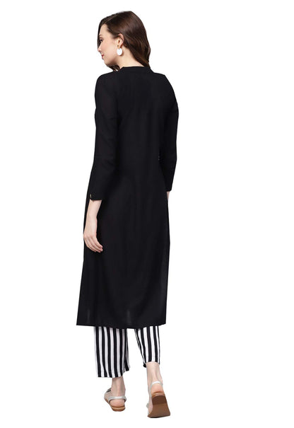 Ishin WomenS Rayon Black & White Solid A-Line Kurta Set With Palazzo