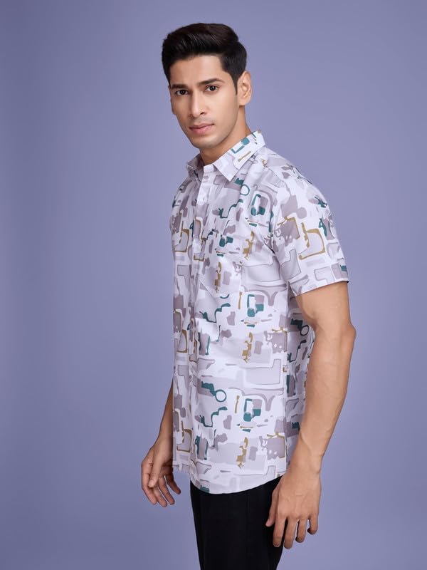 Pinkmint Stylish Shirt for Men ll Printed Half Sleeve Shirts ll Regular Fit Chest Pocket Shirt Off White