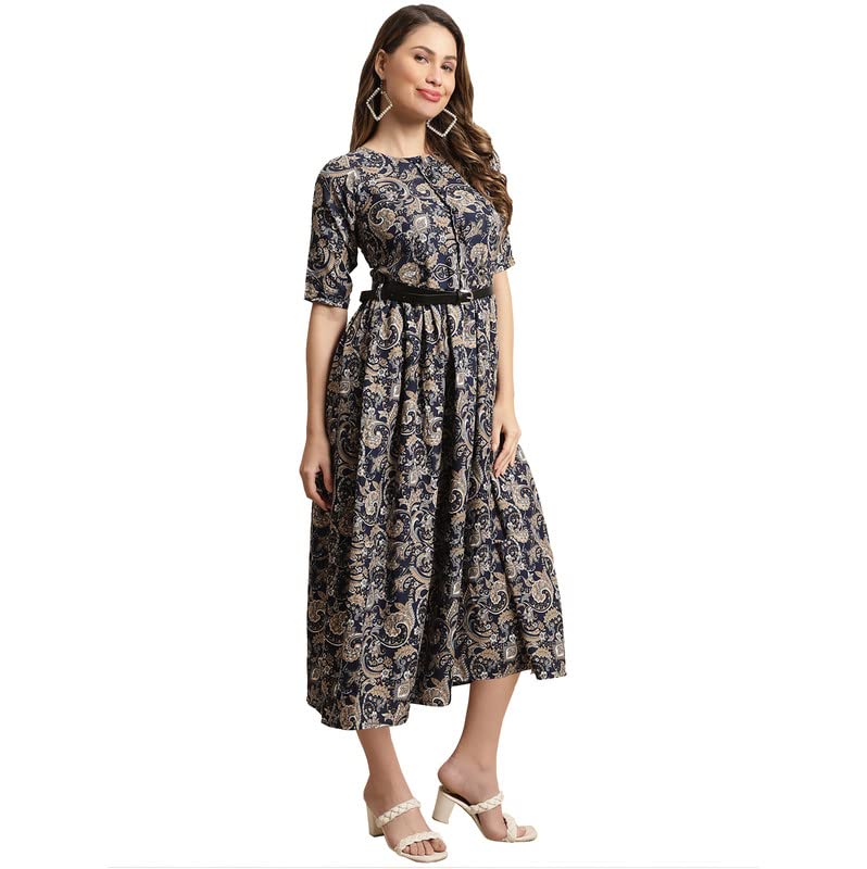 Preneum WomenS Georgette Floral Printed 3/4 Slevees A-Line Fit & Flare Gown With Beltindo-Western Ethnic Gown || A-Line Maxi Dr