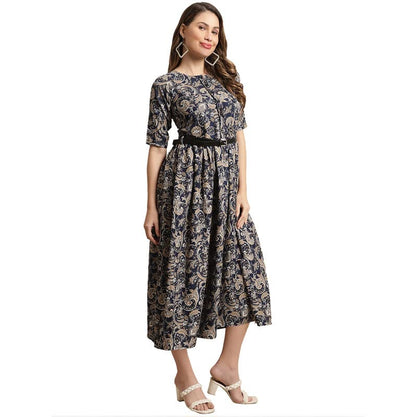 Preneum WomenS Georgette Floral Printed 3/4 Slevees A-Line Fit & Flare Gown With Beltindo-Western Ethnic Gown || A-Line Maxi Dr