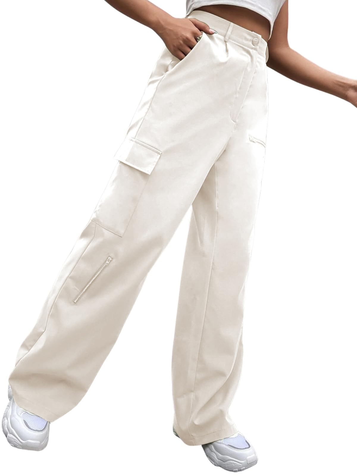 Greciilooks Women Cargo Pant | Women Trousers | WomenS High-Waisted Pant Cream