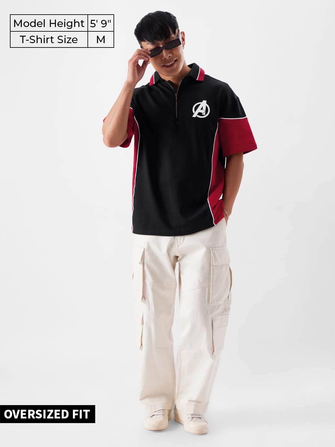 The Souled Store Official Avengers Suit Men and Boys Regular Fit Half Sleeves Graphic Printed Cotton Black Color Zipper Polo T-S