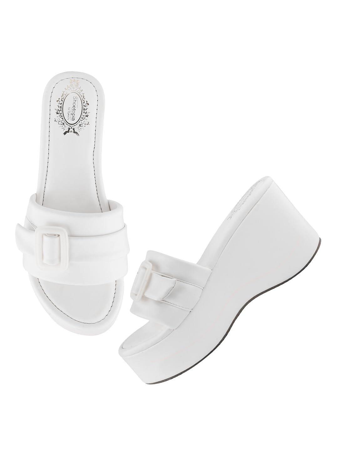 Shoetopia WomenS White Platform Slip-On Sandals  Chunky Wedge Slides With Buckle Strap Stylish Comfortable, Durable Perfect For