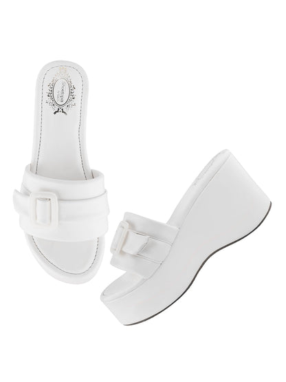 Shoetopia WomenS White Platform Slip-On Sandals  Chunky Wedge Slides With Buckle Strap Stylish Comfortable, Durable Perfect For