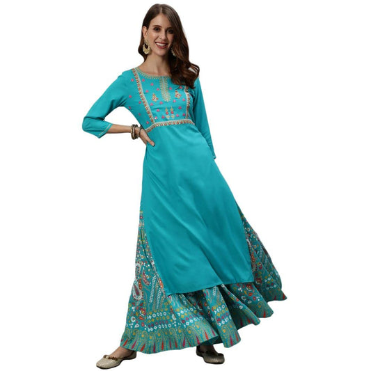 anubhutee Women's Blue Floral Embroidered Sequinned Cotton Straight Kurta Suit Set with Skirt