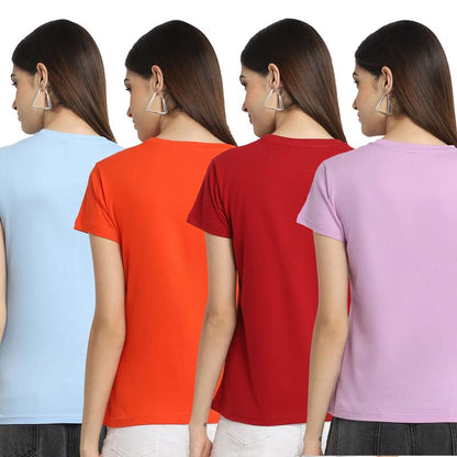 Preneum Womens Cotton Regular Fit Latest Graphic Stylish Printed Short Sleeves Casual T-Shirt || Trendy (Pack 4), Blue & Orange