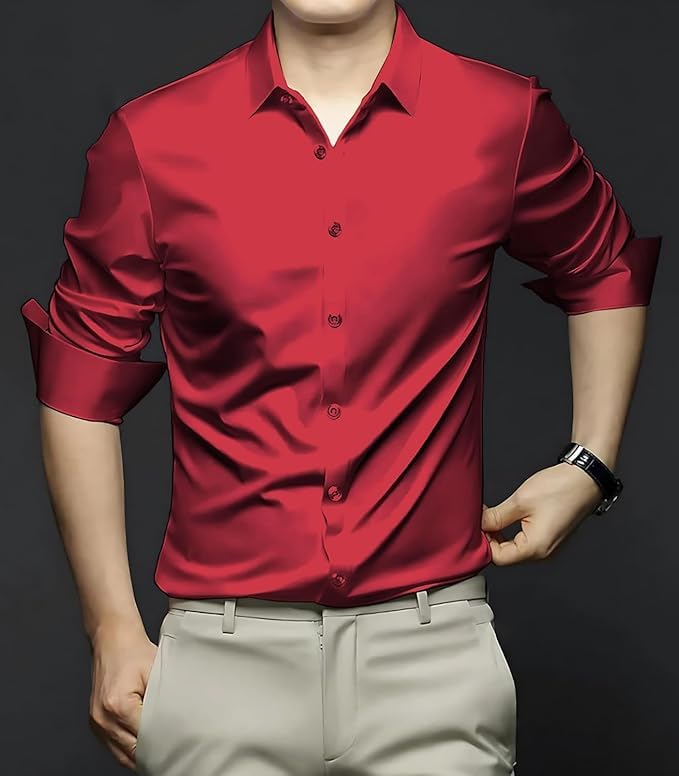 Deelmo Combo Of MenS Stylish Solid Satin Casual Shirt For Men Full Sleeves| Poly Satin Silk Shirt Pack Of 2 Red-Silver