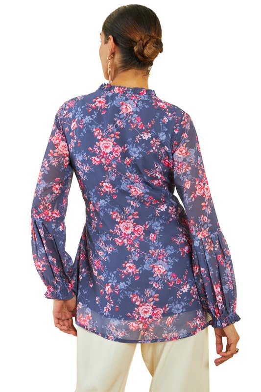 Soch Womens Purple Georgette Floral Print Tunic with Puff Sleeves