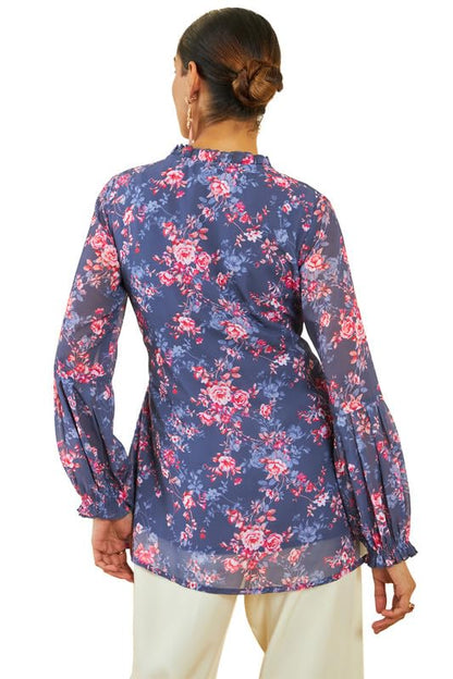 Soch Womens Purple Georgette Floral Print Tunic with Puff Sleeves