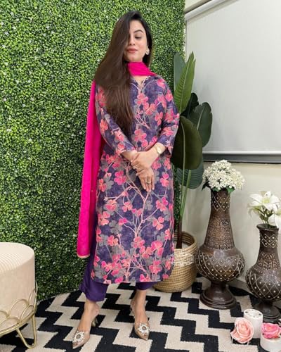 ANNI DESIGNER Women's Cotton Blend Straight Printed Kurta with Pant & Dupatta (Mariyam Blue_XL_Blue_X-Large)