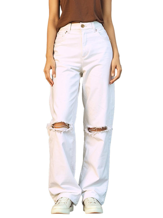 Bewakoof Womens Solid Wide Leg Cotton Baggy Distressed Jeans_625171_White_36