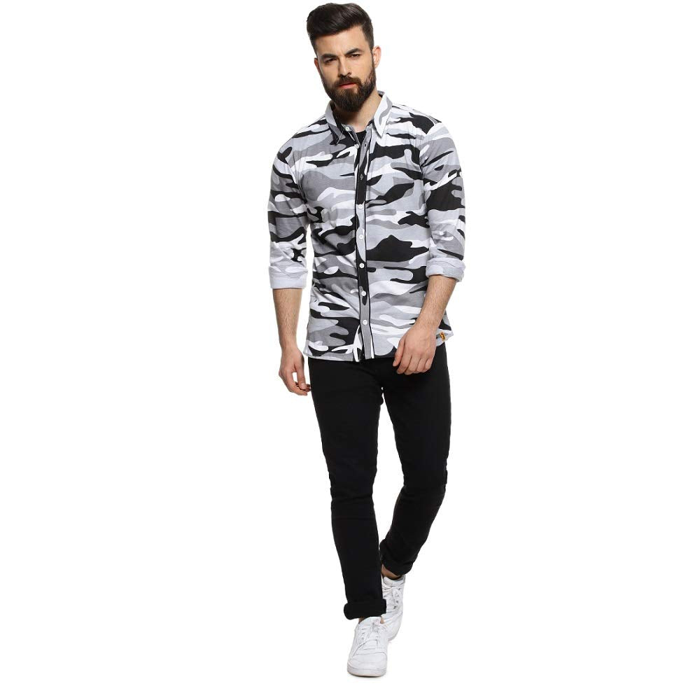 Campus Sutra Mens Grey Camouflage Printed Button Up Shirt Regular Fit for Casual Wear | Structured Shirt Crafted with Regular F