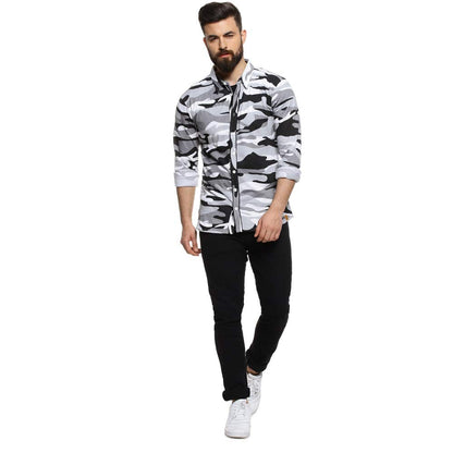 Campus Sutra Mens Grey Camouflage Printed Button Up Shirt Regular Fit for Casual Wear | Structured Shirt Crafted with Regular F