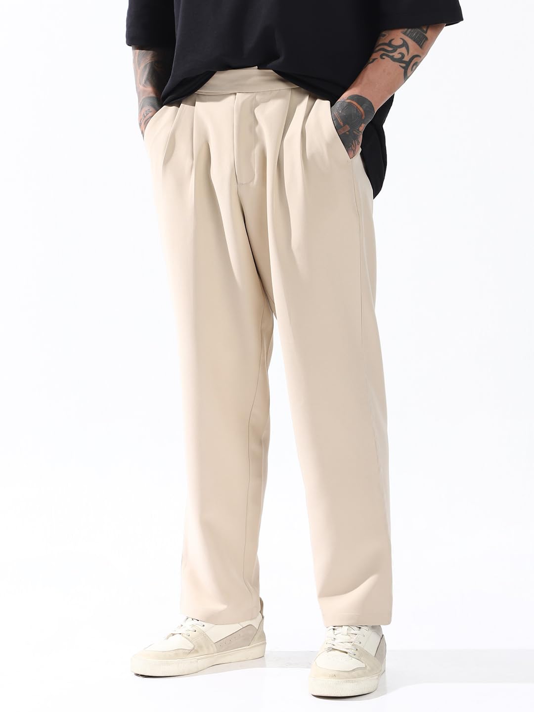 Hubberholme Men Solid Relaxed Fit Mid-Rise Korean Trousers 21 Beige