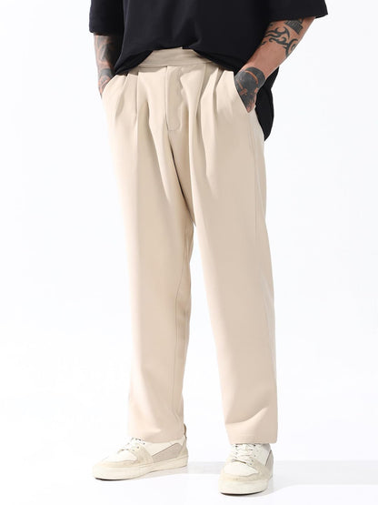 Hubberholme Men Solid Relaxed Fit Mid-Rise Korean Trousers 21 Beige