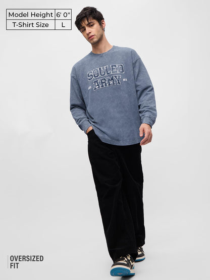 The Souled Store Souled Army Men and Boys Round Neck Blue Embroidered Cotton Oversized Full Sleeve T-Shirts