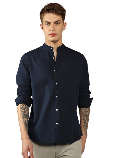 Dennis Lingo MenS| Dark Blue| Full Sleeve| Mandarin Collar| Solid| Relaxed Fit| Casual Shirt