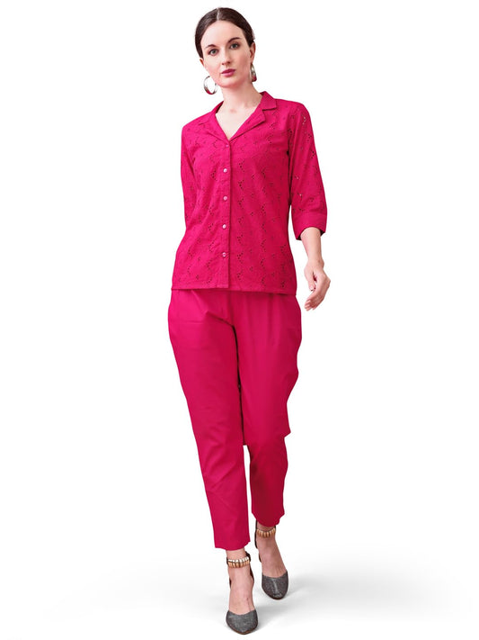 Womanista Women Silk Solid Schiffli Co-Ord Set