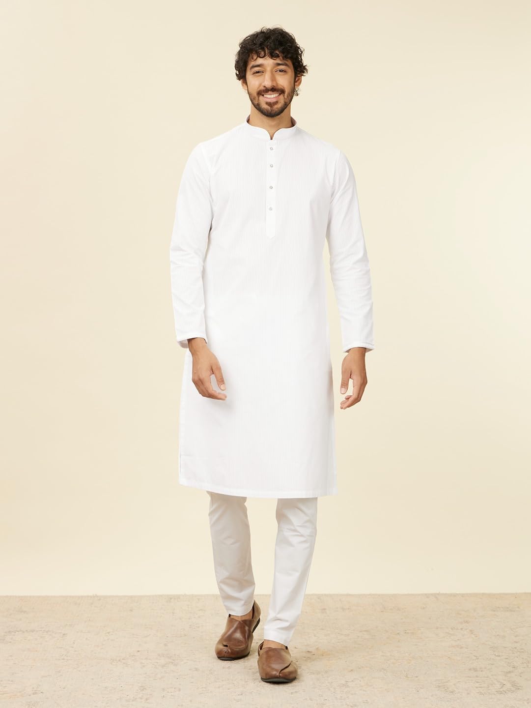 Manyavar White Cotton Embroidery|Jacquard Kurta Pyjama Set For Men