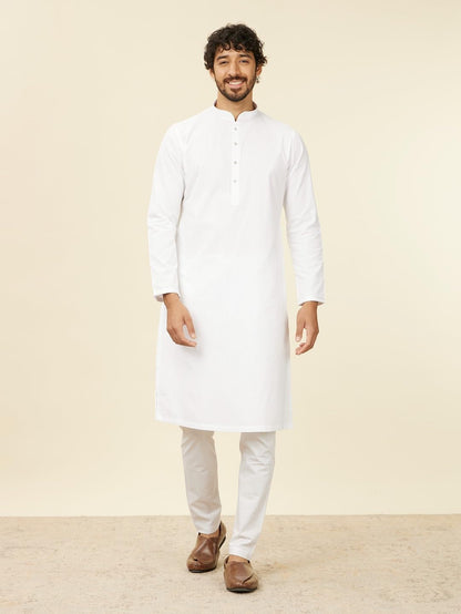 Manyavar White Cotton Embroidery|Jacquard Kurta Pyjama Set For Men